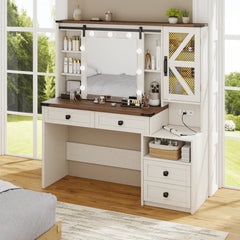 Snhomee 55.1” Farmhouse Vanity Desk with Sliding Mirror, LED Lights, 4 Drawers & RGB Cabinets for Bedroom, Dressing Room or Cloakroom
