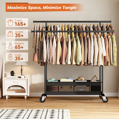 Snhomee Double Rod Clothing Rack with Storage Bag & Sturdy Wheels, rolling clothing racks,Metal Garment Rack for Closet Organizers and Storage