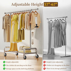 Snhomee Rolling Clothes Rack with Shelf, Adjustable Clothes Rack with Bottom Shelf & 4 Hooks for Hanging