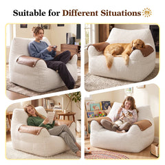 Snhomee Large Fluffy Bean Bag Chair for Adults, Striped Corduroy Bean Bag Sofa with PU Leather Armrest, Comfy Lounge Couch for Bedroom & Dorm