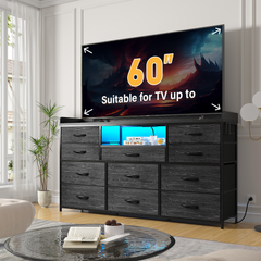 60" Dresser TV Stand w/11 Drawers | LED Lights, Power Outlets & Hooks | Sturdy Metal Frame & Wood Top-Charcoal Black-snhomee