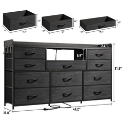 60" Dresser TV Stand w/11 Drawers | LED Lights, Power Outlets & Hooks | Sturdy Metal Frame & Wood Top-Charcoal Black-snhomee