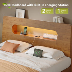 Snhomee Solid Wood Bed Frame with LED Lights & Charging Station,700 LBS Bed Frame with Storage Headboard, Noise-Free