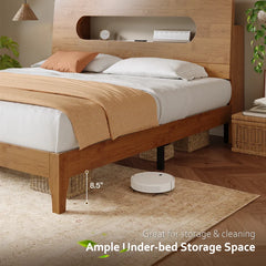 Snhomee Solid Wood Bed Frame with LED Lights & Charging Station,700 LBS Bed Frame with Storage Headboard, Noise-Free