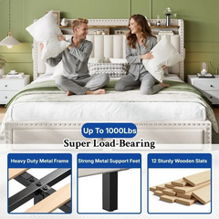 Snhomee Upholstered Bed Frame with Storage Headboard & 2 Drawers, No Box Spring Needed, Noise-Free Padded Platform Bed