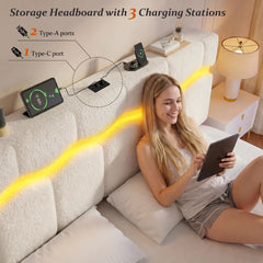 Snhomee Boucle Upholstered Platform Bed with Wavy LED Headboard, Built-In Shelf, Charging Station & 880 lbs Noise-Free