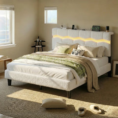 Snhomee Boucle Upholstered Platform Bed with Wavy LED Headboard, Built-In Shelf, Charging Station & 880 lbs Noise-Free