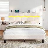 Snhomee Boucle Upholstered Platform Bed with Wavy LED Headboard, Built-In Shelf, Charging Station & 880 lbs Noise
