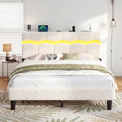 Snhomee Boucle Upholstered Platform Bed with Wavy LED Headboard, Built-In Shelf, Charging Station & 880 lbs Noise-Free
