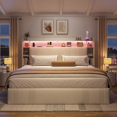 Snhomee Upholstered Bed Frame with Storage Headboard & 4 Drawers, LED & Charging Station, 1200 lbs, Noise-Free, No Box Spring Needed