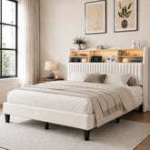 Snhomee Velvet Upholstered Bed Frame with Multi-Tier Storage Headboard, LED Lights & Charging Station, Noise-Free Heavy-Duty Support, No Box Spring Needed