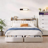 Snhomme Upholstered Bed Frame with Hydraulic Storage Headboard & 2 Drawers, No Box Spring Needed, Noise-Free Padded Platform Bed