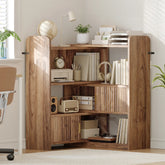 Snhomee Expandable Bookshelve,L Shaped Corner Bookshelf with 2 Enclosed Storage Cabinet, Rustic Farmhouse Bookshelf for Bedroom, Living Room, Home Office