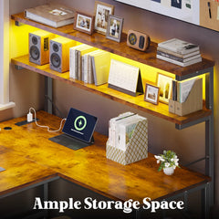 Snhomee L-Shaped Computer Desk with 2-Tier Storage Shelf, Built-in LED Lights & Power Outlets, Reversible Gaming Desk for Bedroom or Home Office, Easy Assembly