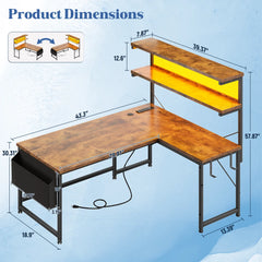 Snhomee L-Shaped Computer Desk with 2-Tier Storage Shelf, Built-in LED Lights & Power Outlets, Reversible Gaming Desk for Bedroom or Home Office, Easy Assembly