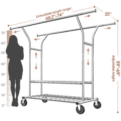 Snhomee 630 LBS Heavy Duty Expandable Metal Clothes Rack with 2 Shelves & Lockable 360° Wheels, Snap-Fit Assembly for Bedroom Laundry Room