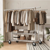 Snhomee 630 LBS Heavy Duty Expandable Metal Clothes Rack with 2 Shelves & Lockable 360° Wheels, Snap-Fit Assembly for Bedroom Laundry Room