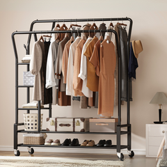 Snhomee Portable Rolling Clothes Rack with Shelves,Clothes Hanging Rack with Wheels, For Commercial&Bedroom