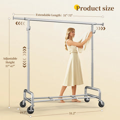 Snhomee Rolling Clothes Rack with Shelf, Adjustable Clothes Rack with Bottom Shelf & 4 Hooks for Hanging