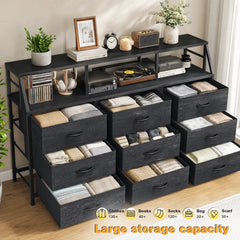 55"W Dresser for Bedroom with 9 Fabric Drawers,Modern Storage Organizer for Family,Chest of Drawers with Metal Frame & Wooden Shelves Top for Entryway