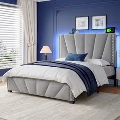 Snhomee LED Platform Bed Frame with Charging Station & Adjustable Velvet Storage Upholstered Headboard - 881LBS Heavy Duty, Noise-Free Platform Bed