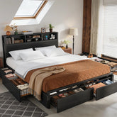 Snhomee Vintage Black Bed Frame with 6 Drawers Underneath & Storage Headboard - Charging Station, No Noise, 1100LBS Capacity
