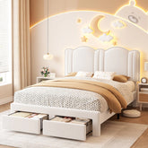 Snhomee Full Size Bed Frame with LED Lights, Velvet Upholstered Headboard, 2 Storage Drawers, Adjustable Height, Strong Support, No Box Spring Needed, Easy Assembly, Cream
