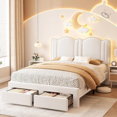 Snhomee Full Size Bed Frame with LED Lights, Velvet Upholstered Headboard, 2 Storage Drawers, Adjustable Height, Strong Support, No Box Spring Needed, Easy Assembly, Cream