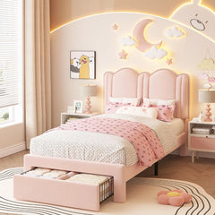 Snhomee Twin Bed Frame with Velvet Upholstered Headboard, LED Lights & Storage Drawers, Adjustable Height, Sturdy No Box Spring Needed, Easy Assembly, Pink