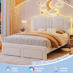 Snhomee Full Size Bed Frame with LED Lights, Velvet Upholstered Headboard, 2 Storage Drawers, Adjustable Height, Strong Support, No Box Spring Needed, Easy Assembly, Cream