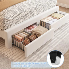 Snhomee Full Size Bed Frame with LED Lights, Velvet Upholstered Headboard, 2 Storage Drawers, Adjustable Height, Strong Support, No Box Spring Needed, Easy Assembly, Cream