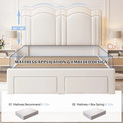 Snhomee Full Size Bed Frame with LED Lights, Velvet Upholstered Headboard, 2 Storage Drawers, Adjustable Height, Strong Support, No Box Spring Needed, Easy Assembly, Cream