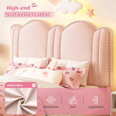 Snhomee Twin Bed Frame with Velvet Upholstered Headboard, LED Lights & Storage Drawers, Adjustable Height, Sturdy No Box Spring Needed, Easy Assembly, Pink