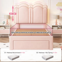 Snhomee Twin Bed Frame with Velvet Upholstered Headboard, LED Lights & Storage Drawers, Adjustable Height, Sturdy No Box Spring Needed, Easy Assembly, Pink