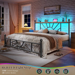 Snhomee Modern Iron Bed with LED headboard, 1300lbs capacity platform, underbed storage, and silent no-box-spring design