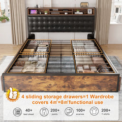 Snhomee Luxury Upholstered Bed Frame with 4 Storage Drawers & USB Charging - 1100LB Heavy Duty, Silent Design, No Box Spring Needed, Vintage Brown