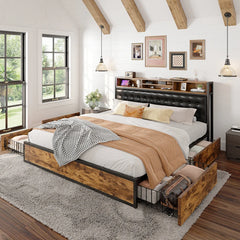 Snhomee Luxury Upholstered Bed Frame with 4 Storage Drawers & USB Charging - 1100LB Heavy Duty, Silent Design, No Box Spring Needed, Vintage Brown