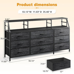 55"W Dresser for Bedroom with 9 Fabric Drawers,Modern Storage Organizer for Family,Chest of Drawers with Metal Frame & Wooden Shelves Top for Entryway