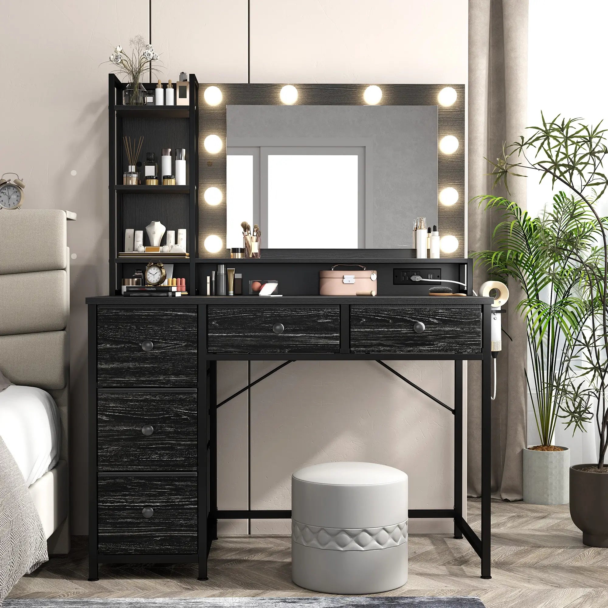 modern vanity desk with lights, 5 fabric drawers & 3-tier shelf, black vanity with hair dryer rack