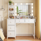 modern vanity desk with lights, 5 fabric drawers & 3-tier shelf, white vanity with hair dryer rack