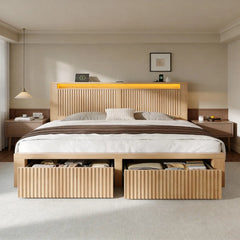 Snhomee Fluted Wooden Platform Bed Frame with Tall Headboard, 2 Storage Drawers, LED Lights & Charging, 800 LBS Weight Capacity, Noise-Free, No Box Spring Needed, Farmhouse Style