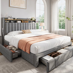 Snhomee Storage Bed with Upholstered Headboard - High Weight Capacity, Silent & No Box Spring Needed-Grey