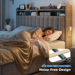 Snhomee Storage Bed with Upholstered Headboard - High Weight Capacity, Silent & No Box Spring Needed-Grey