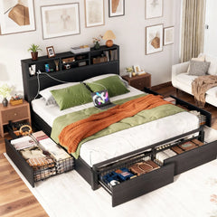 SNHOMEE Heavy Duty Metal Bed Frame with 6 Storage Drawers& Storage Headboard - Charging Station,No Noise, 1100LBS Capacity, Vintage Black