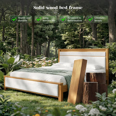 Snhomee Solid Wood Bed Frame with Upholstered Headboard,800 LBS Bed Frame with LED Lights & Charging Station, Noise-Free