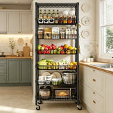 Snhomee 7‑Tier Rolling Wire Shelving with Basket & Locking Wheels, 610 lbs, 30 Inch Wide, 4 Side Hooks, Adjustable Storage Rack for Pantry Kitchen Commercial Use