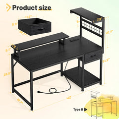 Snhomee 40" Computer Desk with Built-in Charging Station and LED Lights, Quick Setup Gaming Desk with Drawer and Monitor Riser, Compact Study Desk for Small Spaces