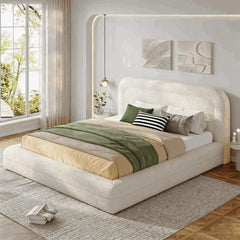 Snhomee White Upholstered Bed Frame with Headboard – Silent & Modern Design for Cozy Bedrooms and Apartments,Cloud Bed Frame