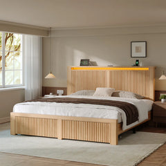 Snhomee Fluted Wooden Platform Bed Frame with 2 Storage Drawers & Tall Headboard, LED Lights, Charging Station, 800 LBS Capacity, Noise-Free, No Box Spring Needed, Modern Farmhouse Style