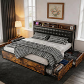 Snhomee Luxury Upholstered Bed Frame with Headboard & 4 Storage Drawers-1100LB Heavy Duty, Silent Design, USB Charging, No Box Spring Needed